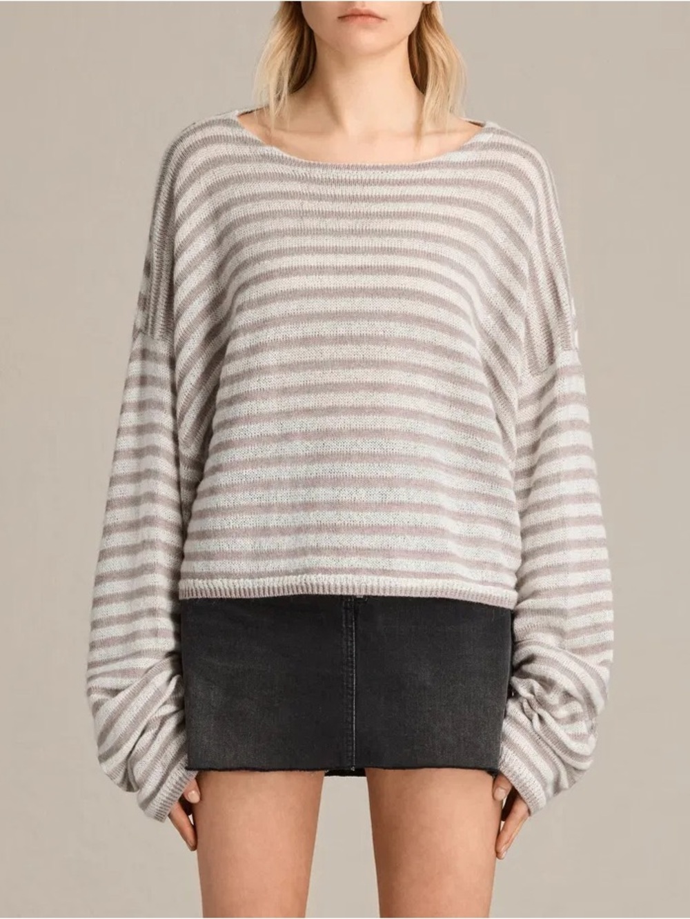 All Saints Casso Cropped Jumper Mohair Crewneck Sweater Stripe - Gray & Cream